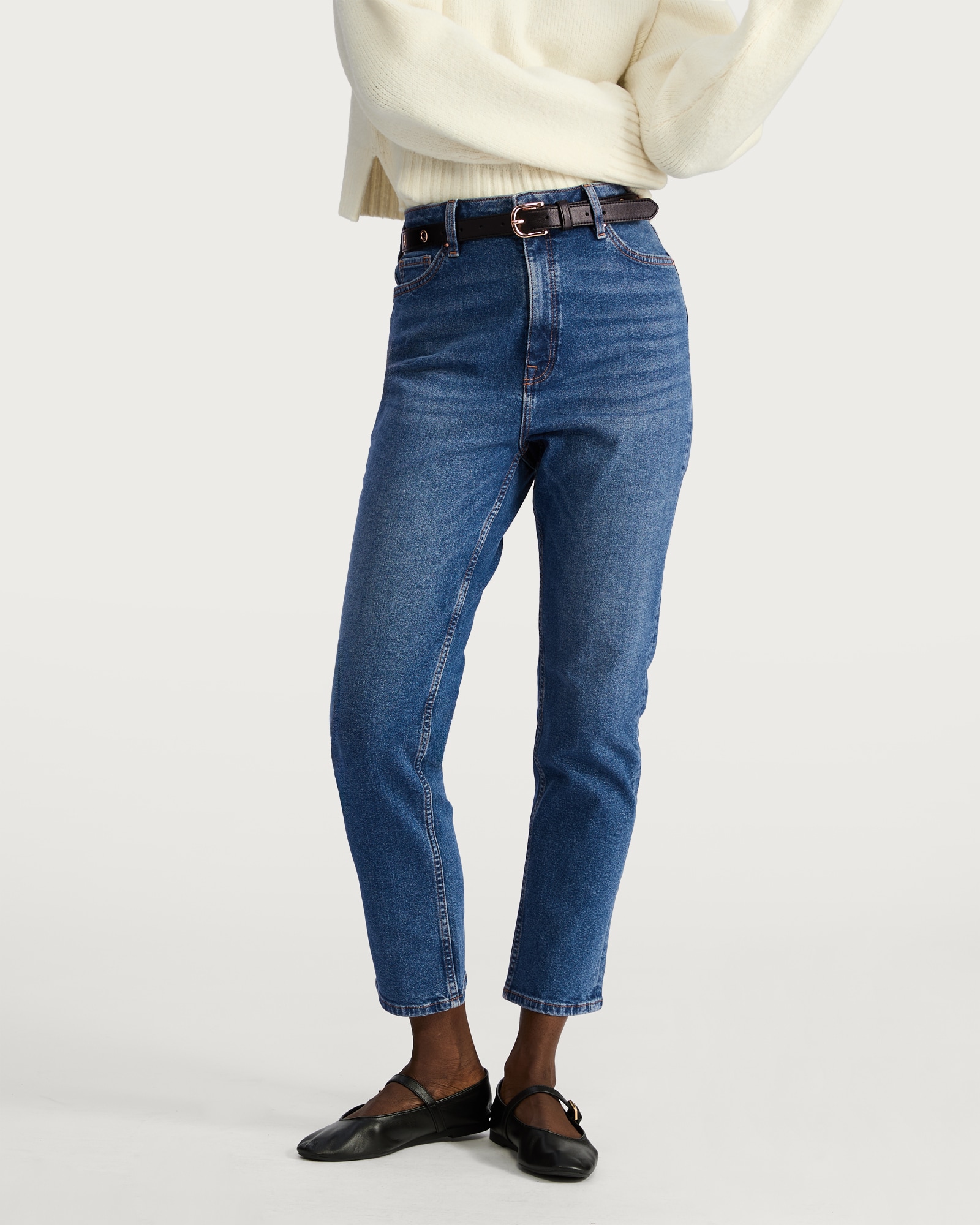 F&F High Rise Slim Ankle Grazer Jeans in Blue