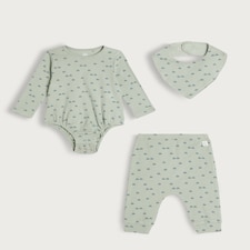 F&F Baby 3-Piece Cotton Rich Car Print Bodysuit, Legging and Bib Set in Green