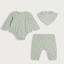 F&F Baby 3-Piece Cotton Rich Car Print Bodysuit, Legging and Bib Set in Green thumbnail 2