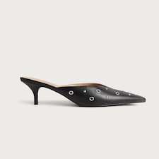 SACHA Eyelet Detail Pointed Toe Heeled Mules in Black