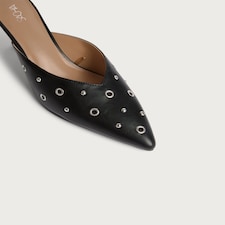 SACHA Eyelet Detail Pointed Toe Heeled Mules in Black thumbnail 3