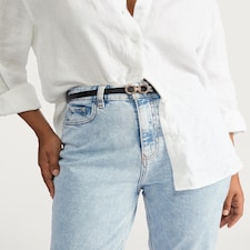 F&F Cotton Rich Comfort Stretch High Rise Slim Mom Jeans in Blue