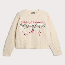 F&F Cable Knit Merry Christmas Jumper with Wool in Neutral thumbnail 4