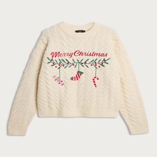 F&F Cable Knit Merry Christmas Jumper with Wool in Neutral thumbnail 4