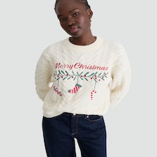 F&F Cable Knit Merry Christmas Jumper with Wool in Neutral
