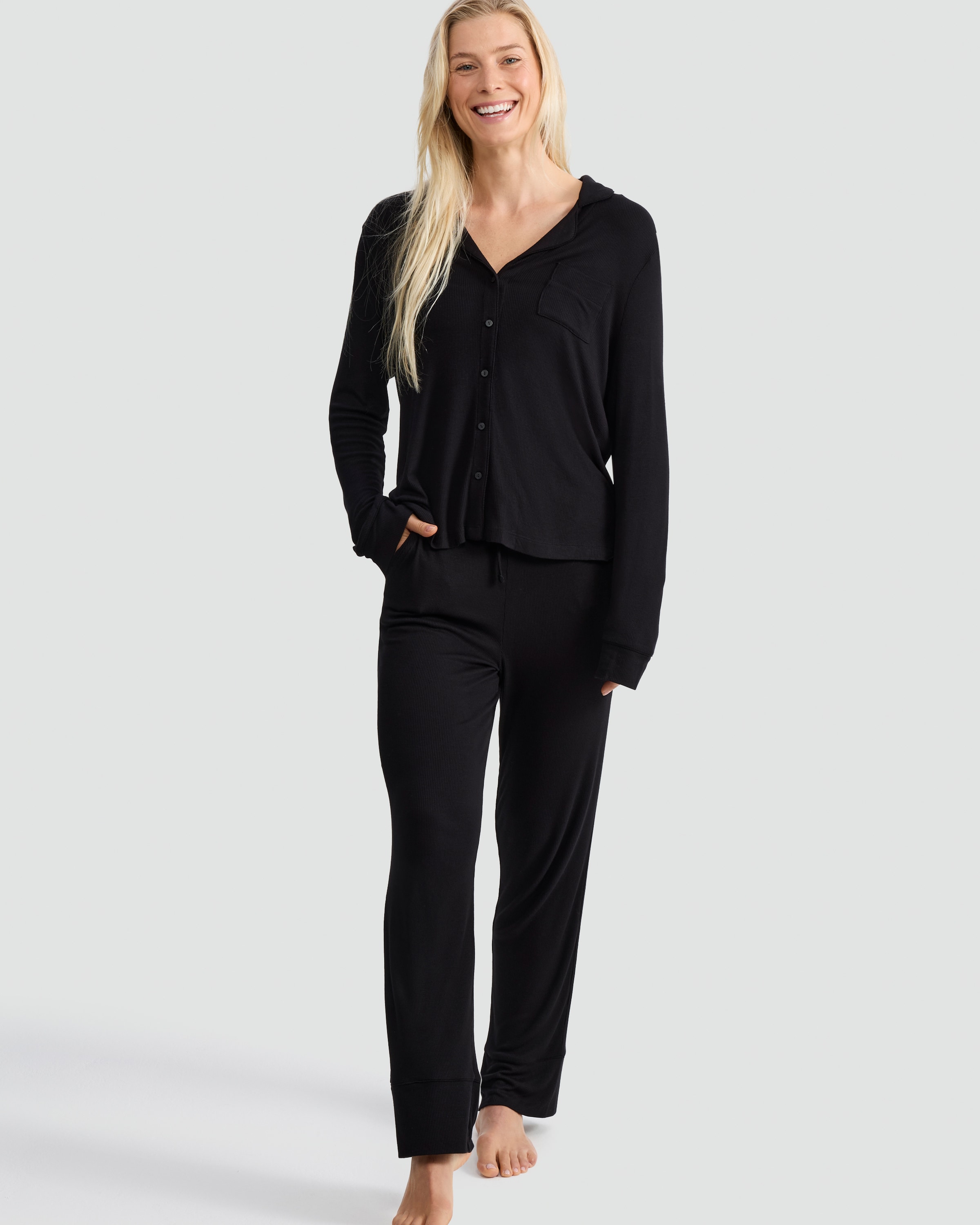 F&F CoolEase™ Ribbed Button Up Shirt and Bottoms Pyjama Set in Black thumbnail 2