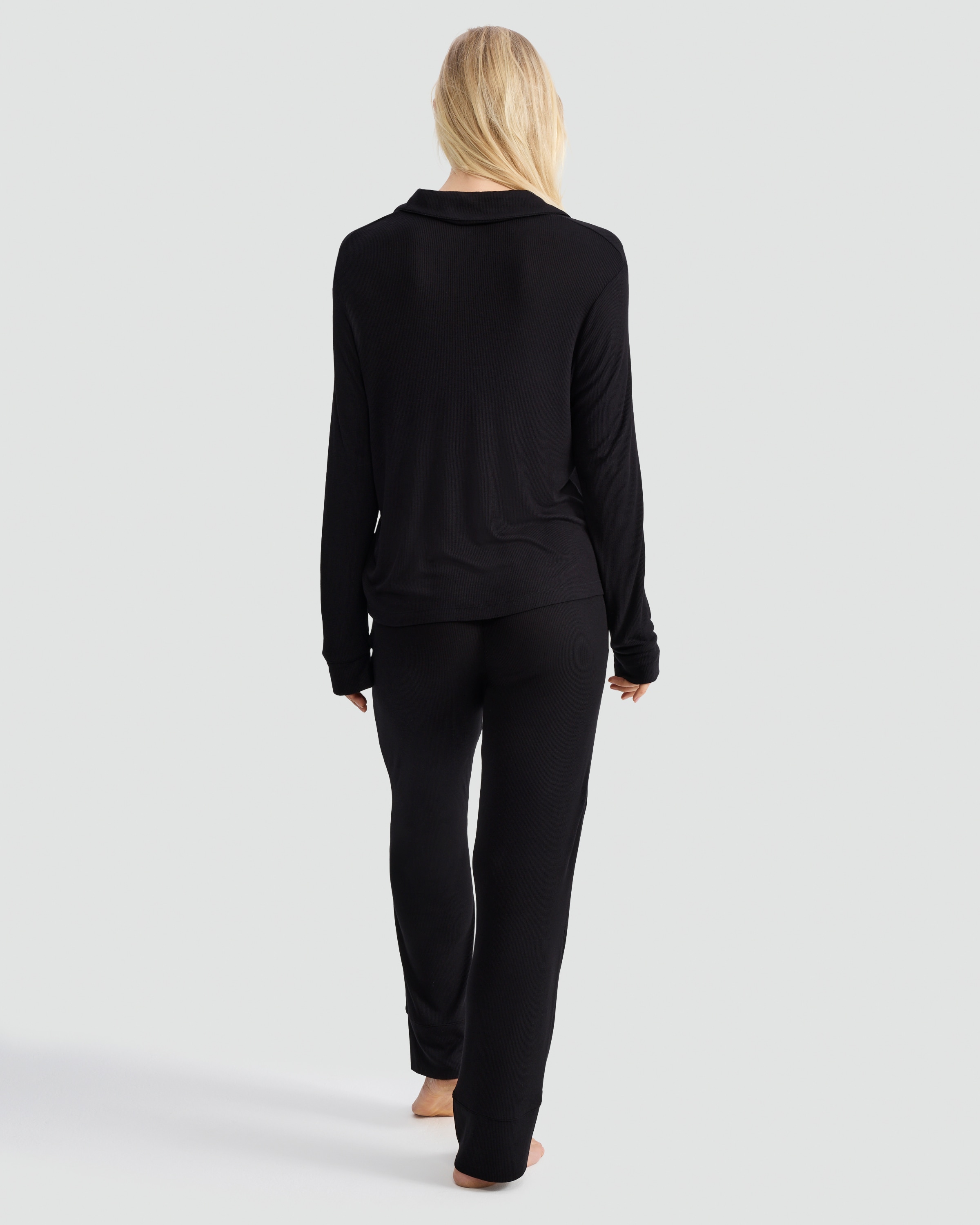 F&F CoolEase™ Ribbed Button Up Shirt and Bottoms Pyjama Set in Black thumbnail 3