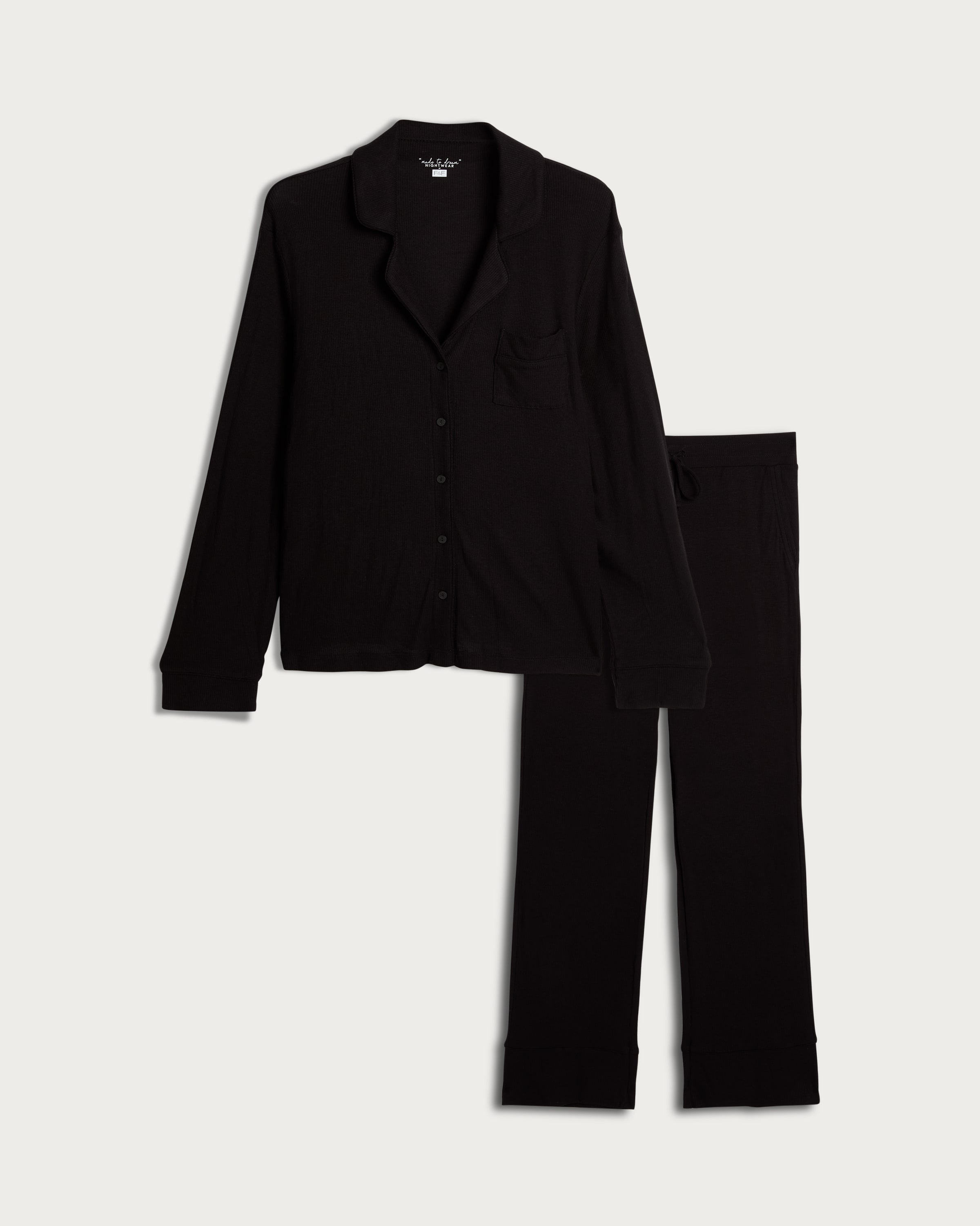 F&F CoolEase™ Ribbed Button Up Shirt and Bottoms Pyjama Set in Black thumbnail 4
