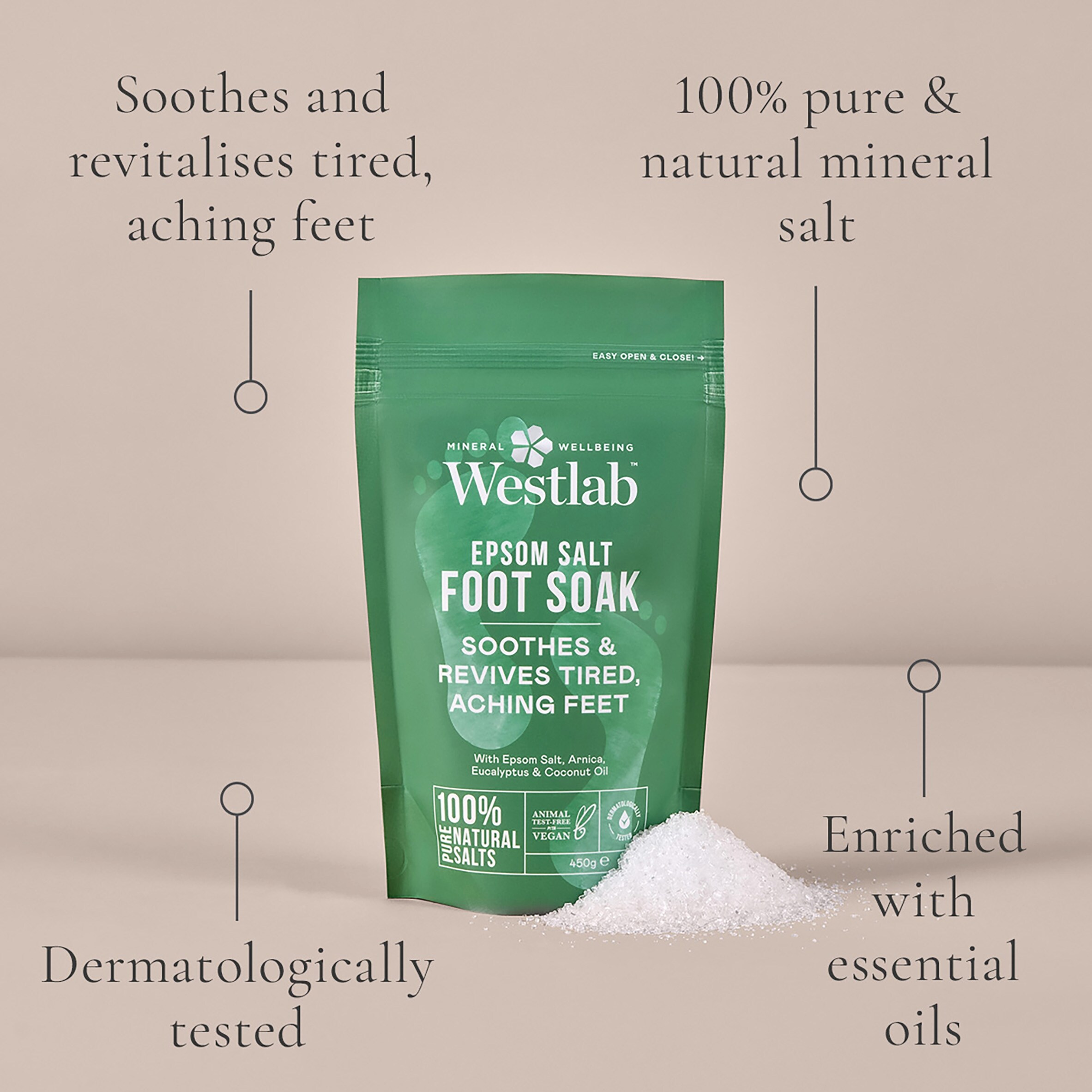 Westlab Epsom Salt Foot Care with Arnica, Eucalyptus & Coconut Oil 450g thumbnail 2