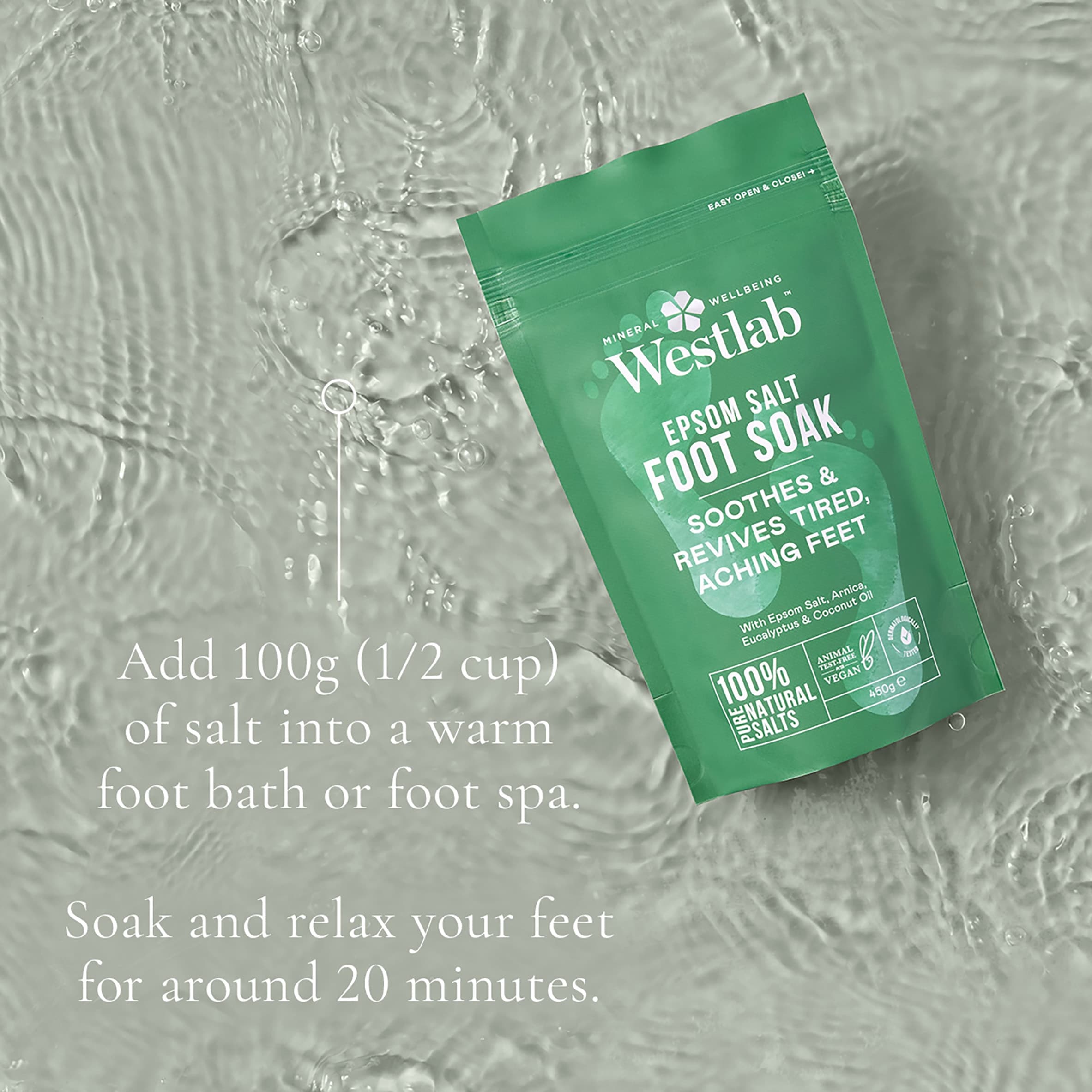 Westlab Epsom Salt Foot Care with Arnica, Eucalyptus & Coconut Oil 450g thumbnail 4