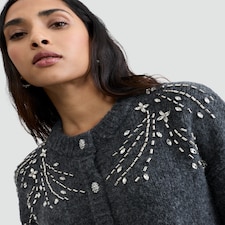 F&F Knitted Diamanté Embellished Button Up Cardigan with Wool in Grey