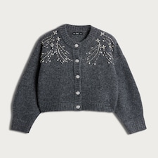 F&F Knitted Diamanté Embellished Button Up Cardigan with Wool in Grey thumbnail 4