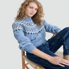 F&F Knitted Fair Isle Pattern Cardigan with Wool in Blue