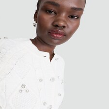 F&F Cable Knit Diamanté Embellished Cardigan in Cream thumbnail 2