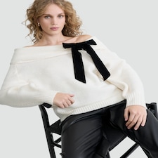 F&F Ribbed Velvet Bow Bardot Jumper with Wool in Cream
