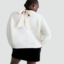F&F Knitted Satin Bow Back Jumper in Cream thumbnail 3
