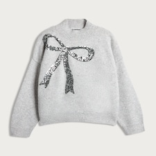 F&F Knitted Sequin Bow High Neck Jumper with Wool in Grey thumbnail 4