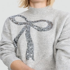 F&F Knitted Sequin Bow High Neck Jumper with Wool in Grey