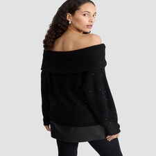 F&F Knitted Off Shoulder Sparkle Jumper in Black thumbnail 3
