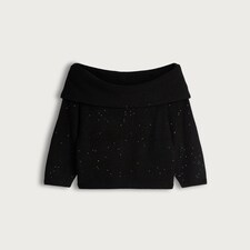 F&F Knitted Off Shoulder Sparkle Jumper in Black thumbnail 4