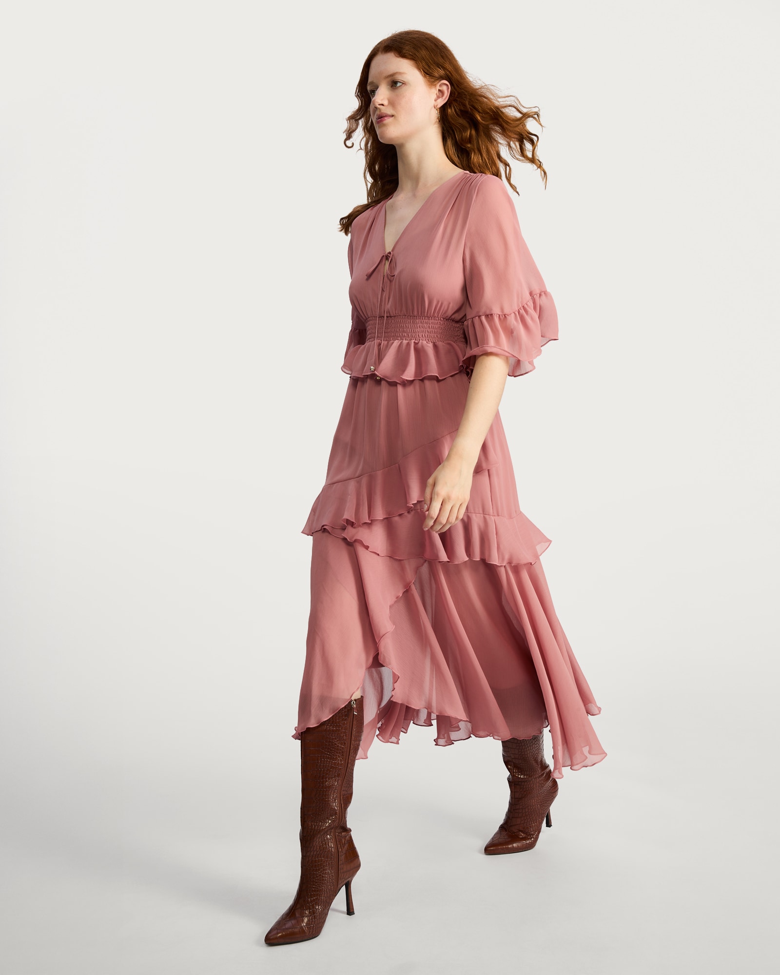 F&F Chiffon Ruffle Boho Midi Dress in Pink