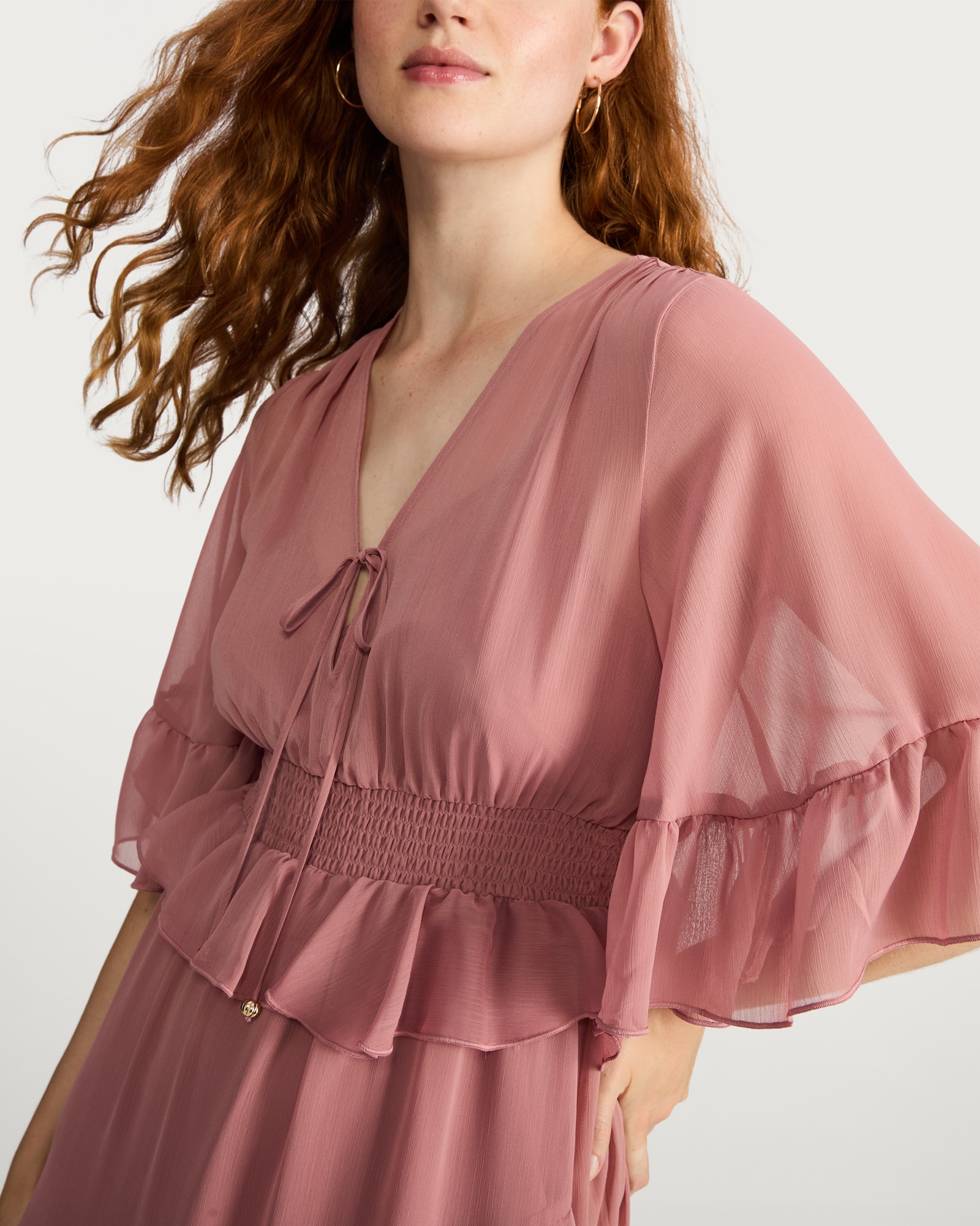 F&F Chiffon Ruffle Boho Midi Dress in Pink thumbnail 2
