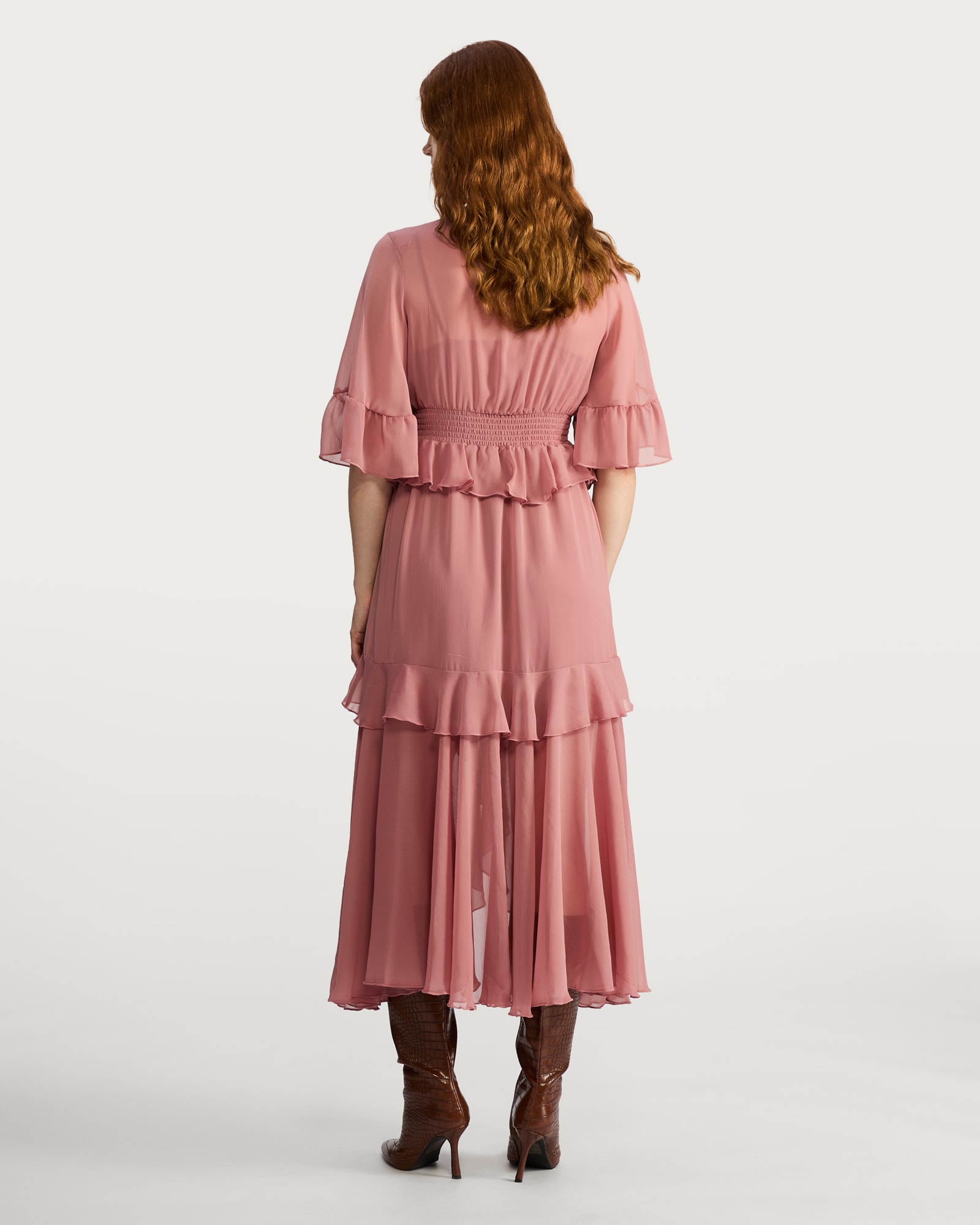 F&F Chiffon Ruffle Boho Midi Dress in Pink thumbnail 3