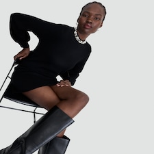 F&F Pearl Embellished Trim Long Sleeved Mini Dress in Black