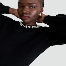 F&F Pearl Embellished Trim Long Sleeved Mini Dress in Black thumbnail 2