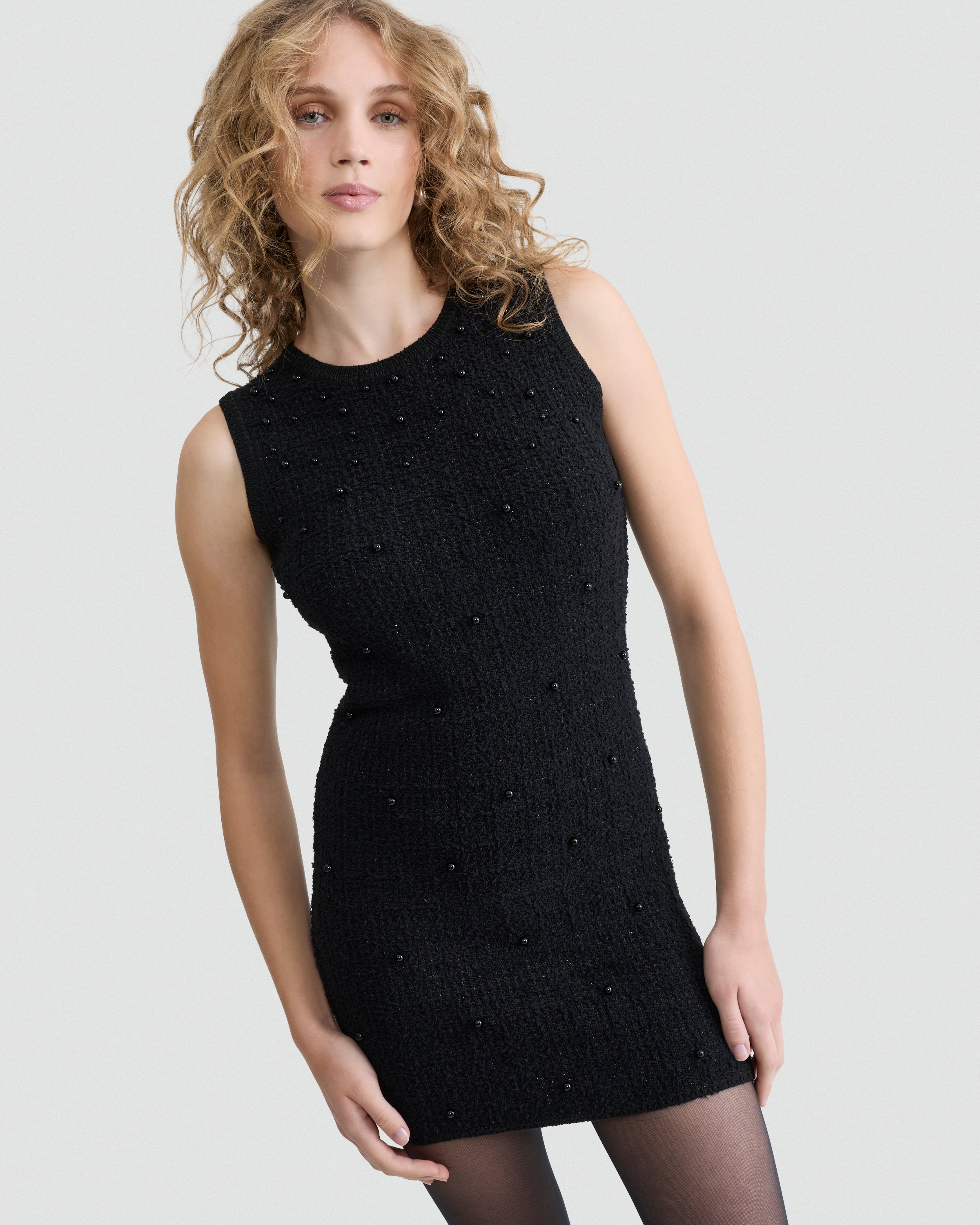 F&F Textured Pearl Embellished Mini Dress in Black thumbnail 2