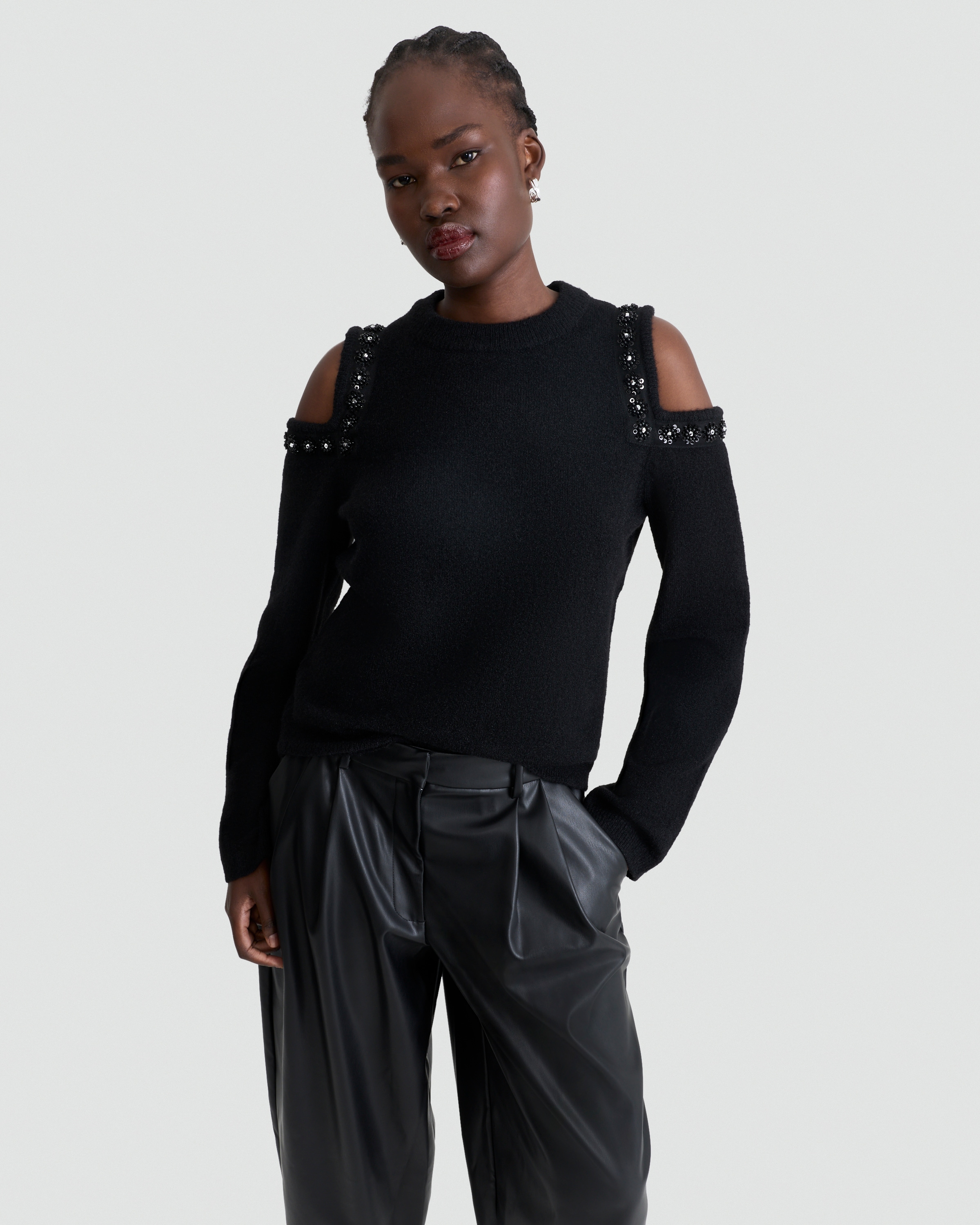 F&F Cold Shoulder Sequin Embellished Jumper with Wool in Black