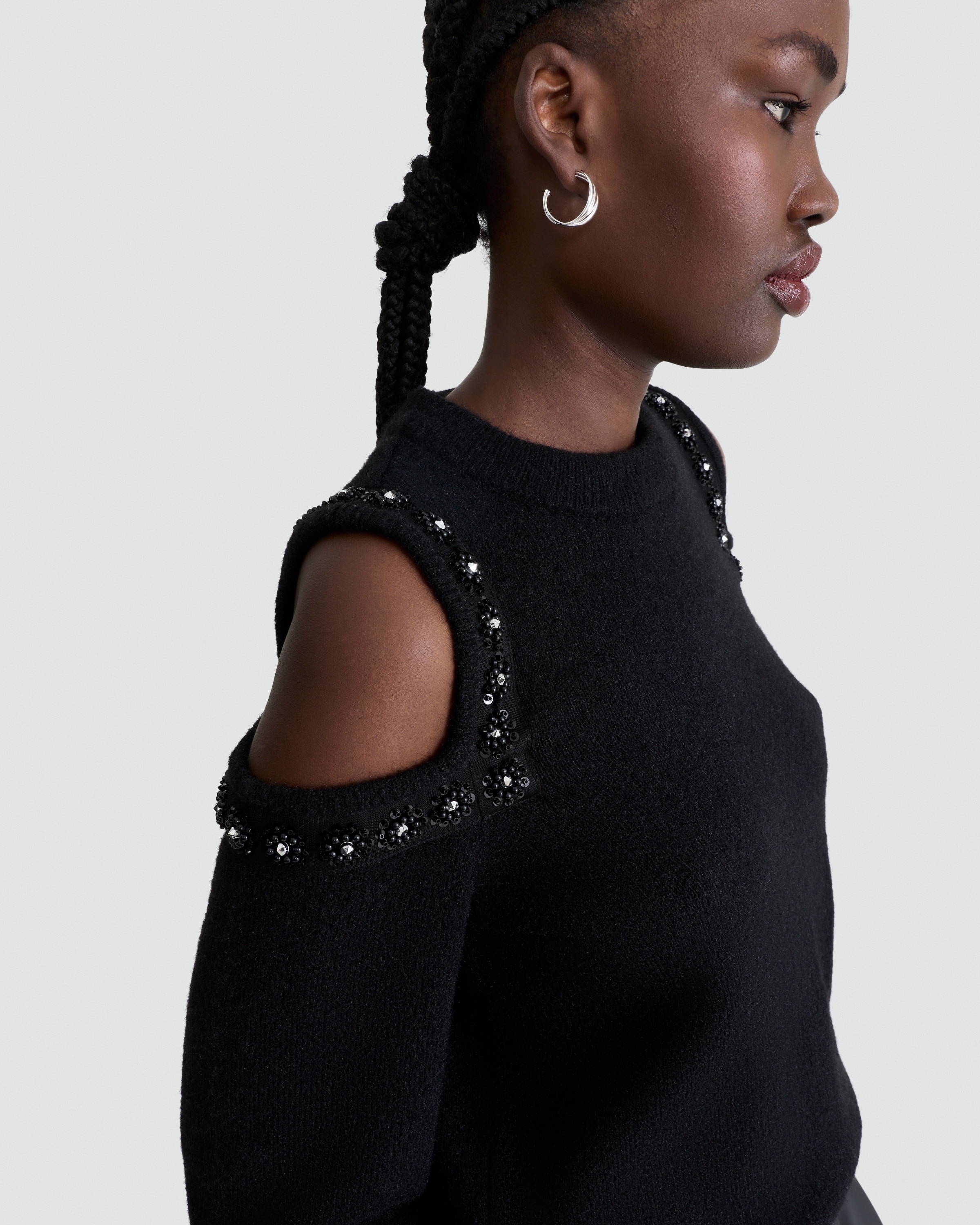 F&F Cold Shoulder Sequin Embellished Jumper with Wool in Black thumbnail 2