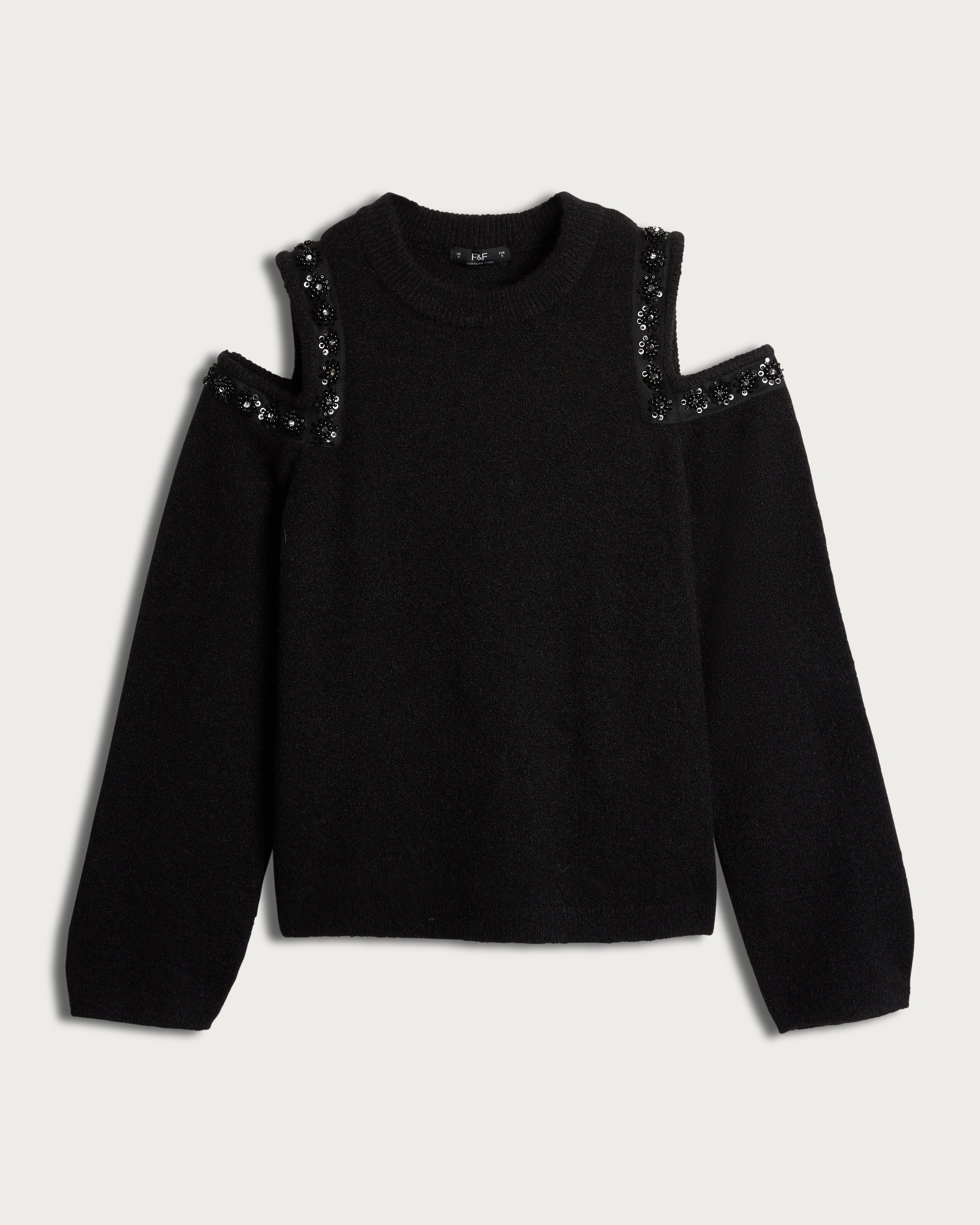 F&F Cold Shoulder Sequin Embellished Jumper with Wool in Black thumbnail 4