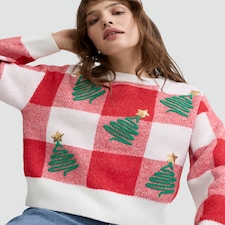 F&F Knitted Christmas Tree Print Jumper in Red thumbnail 2