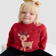 F&F Girls Knitted Reindeer Christmas Print Jumper in Red