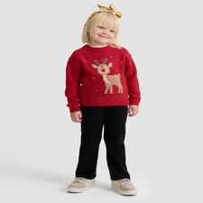 F&F Girls Knitted Reindeer Christmas Print Jumper in Red thumbnail 3