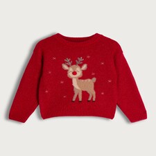 F&F Girls Knitted Reindeer Christmas Print Jumper in Red thumbnail 4