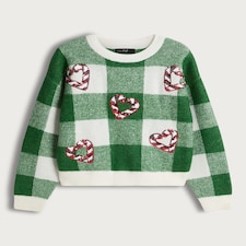 F&F Knitted Sequin Candy Cane Heart Jumper in Green thumbnail 4