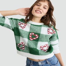 F&F Knitted Sequin Candy Cane Heart Jumper in Green