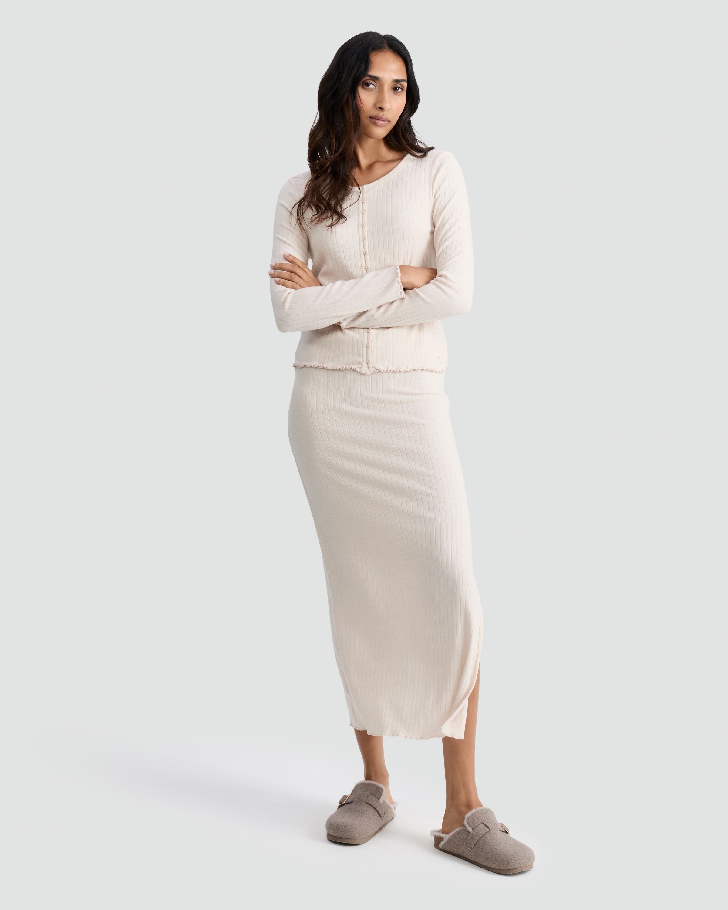 Rise by Zara McDermott Ribbed Midi Skirt in Stone