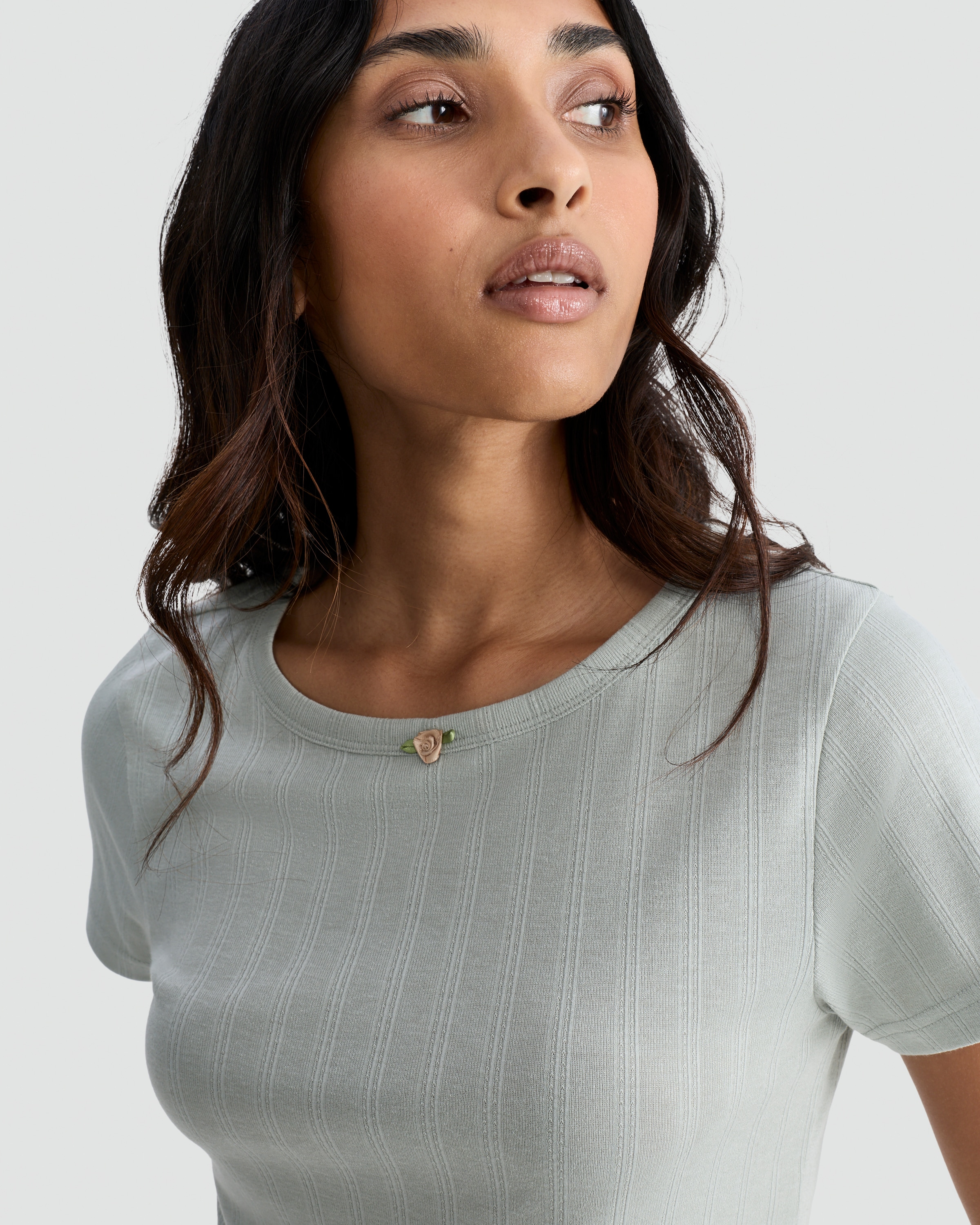 Rise by Zara McDermott Pointelle Short Sleeved Pyjama Top in Green