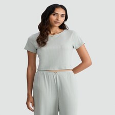 Rise by Zara McDermott Pointelle Short Sleeved Pyjama Top in Green thumbnail 2