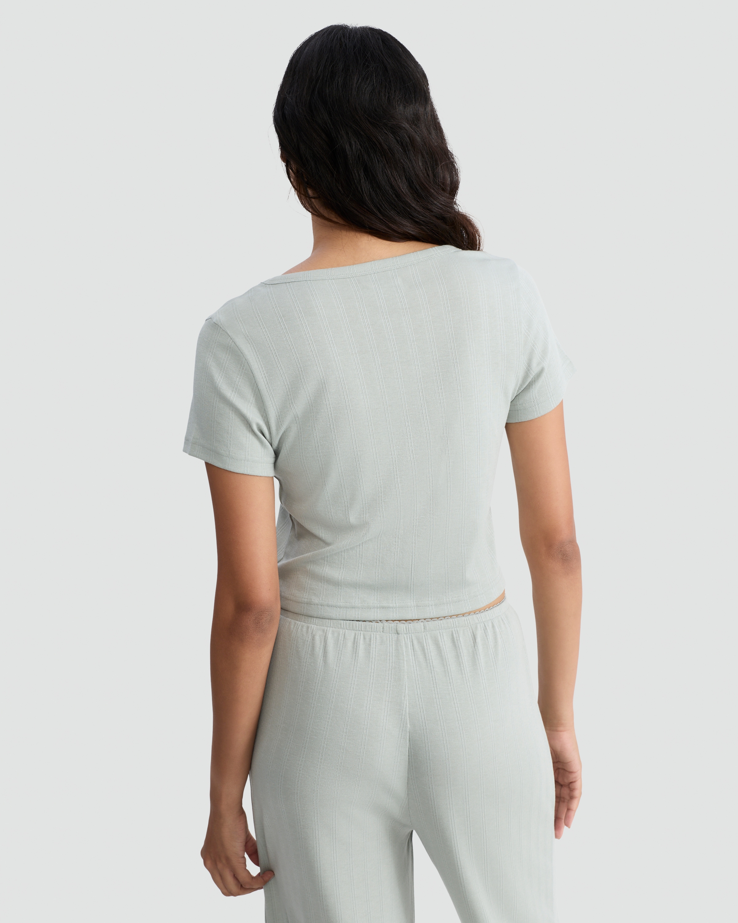 Rise by Zara McDermott Pointelle Short Sleeved Pyjama Top in Green thumbnail 3