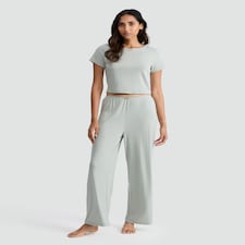 Rise by Zara McDermott Pointelle Wide Leg Loungewear Trousers in Green