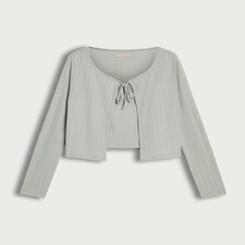 Rise by Zara McDermott 2-Piece Pointelle Pyjama Cami and Cardigan Set in Green thumbnail 4