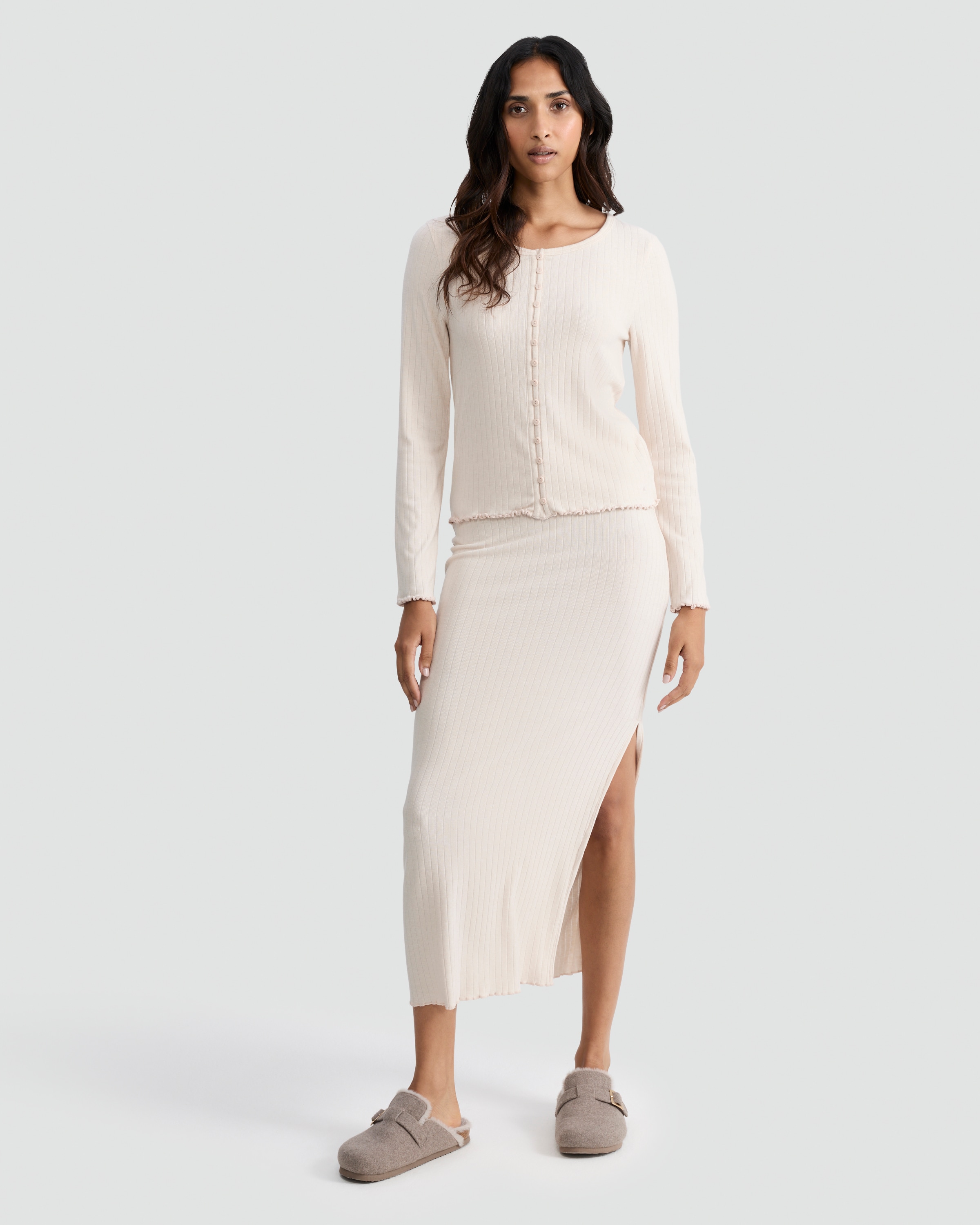 F&F Ribbed Button Front Loungewear Cardigan in Stone thumbnail 2
