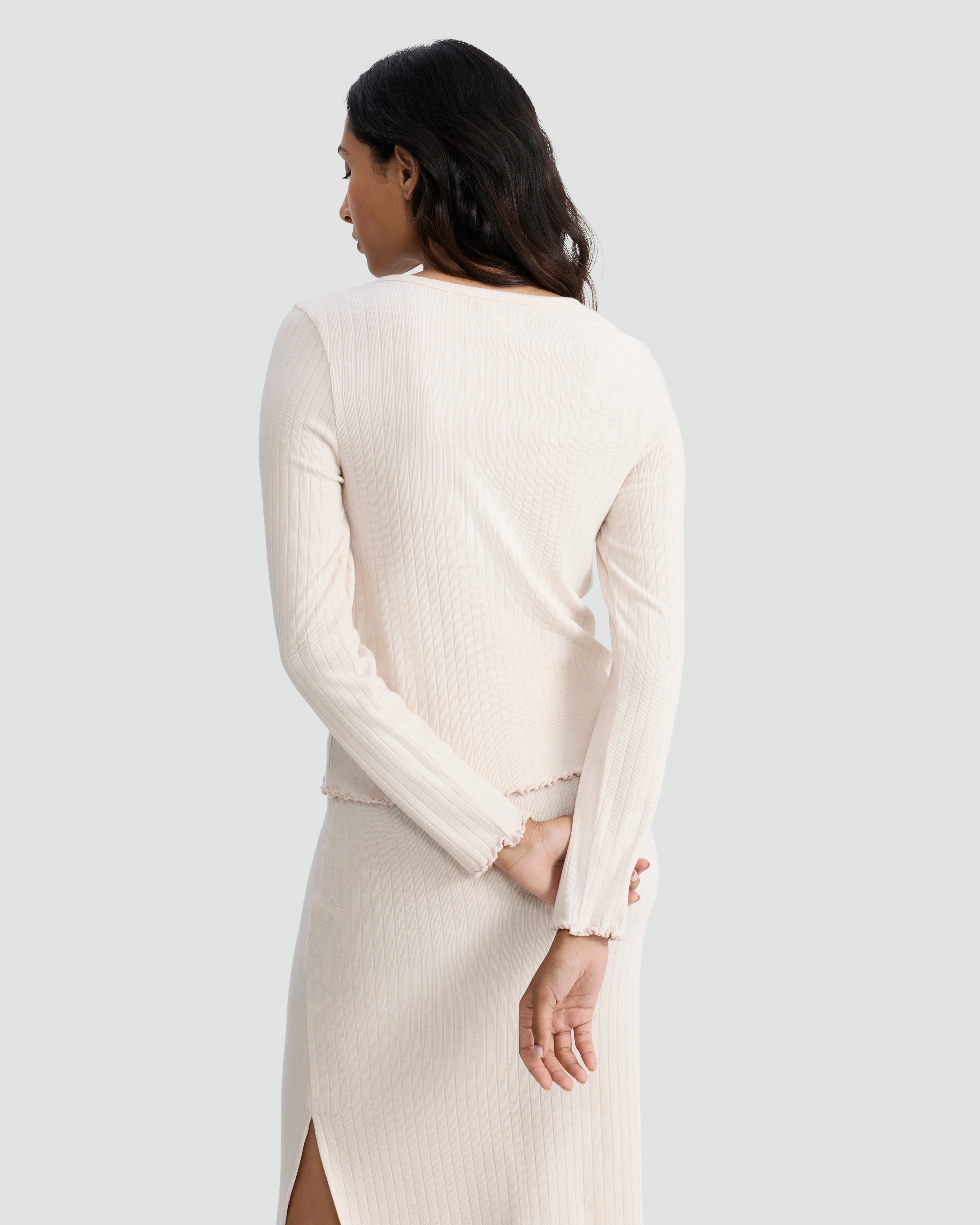F&F Ribbed Button Front Loungewear Cardigan in Stone thumbnail 3