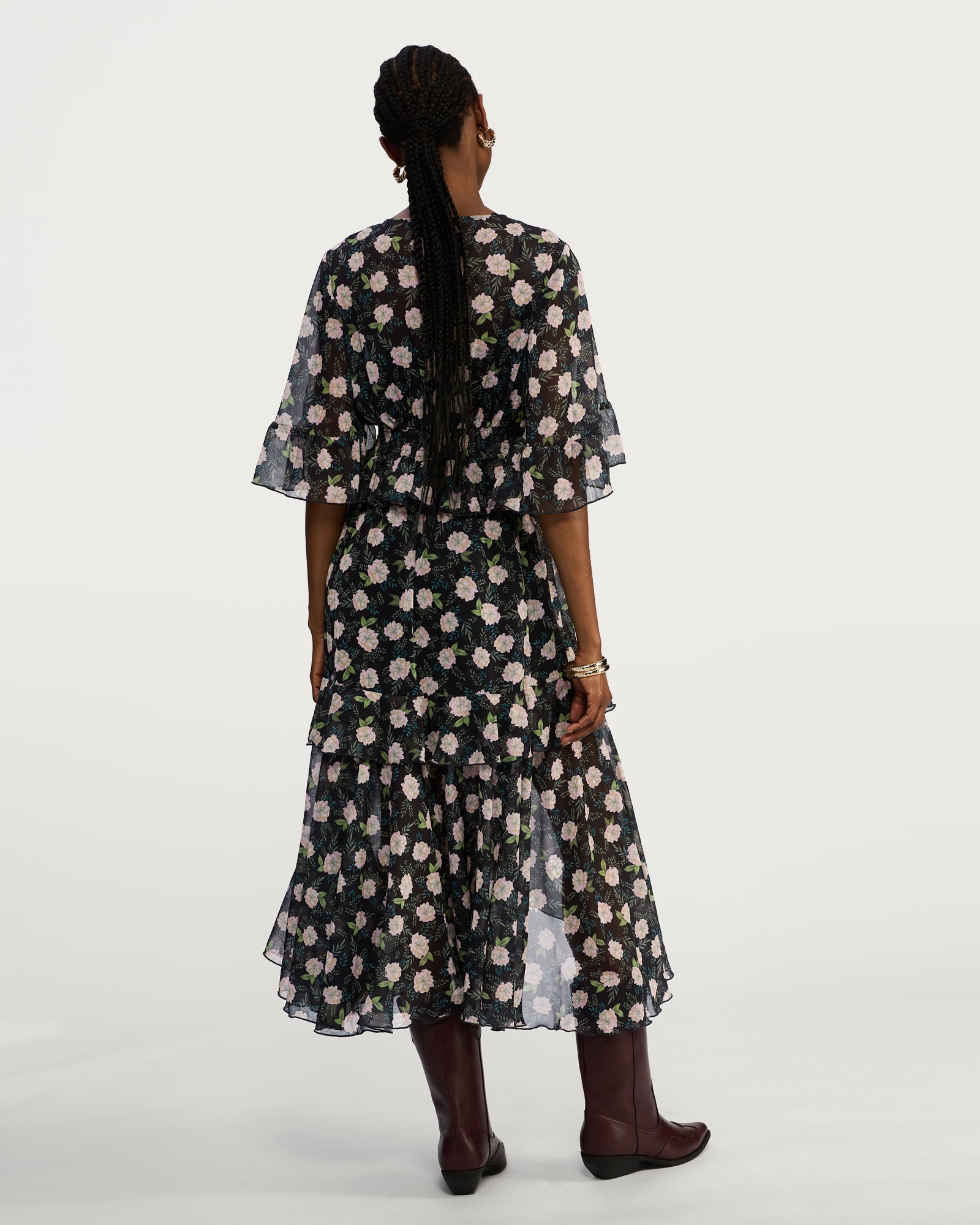 F&F Floral Print Ruffle Midi Dress in Multi Black thumbnail 3