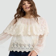 The F&F Edit Embroidered Sheer Long Sleeved Blouse in Ivory