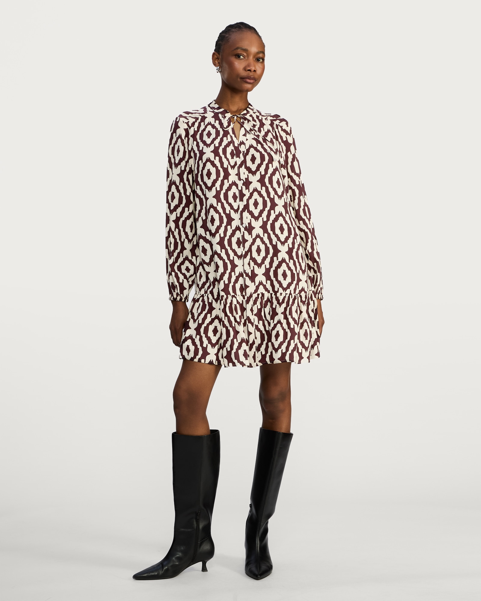 F&F Geometric Print Long Sleeved Mini Dress in Burgundy